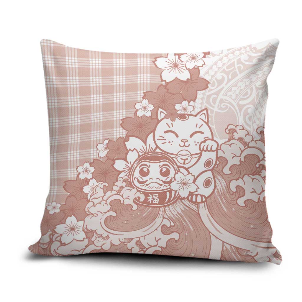 Beige Palaka Hawaiian And Japanese Pillow Cover Maneki Neko And Sakura Bloom
