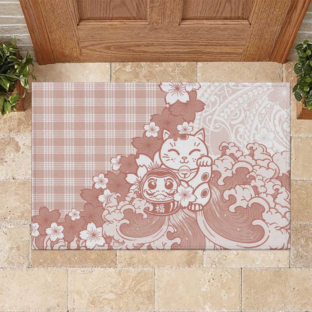 Beige Palaka Hawaiian And Japanese Rubber Doormat Maneki Neko And Sakura Bloom