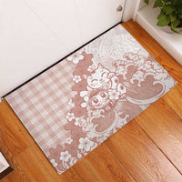 Beige Palaka Hawaiian And Japanese Rubber Doormat Maneki Neko And Sakura Bloom
