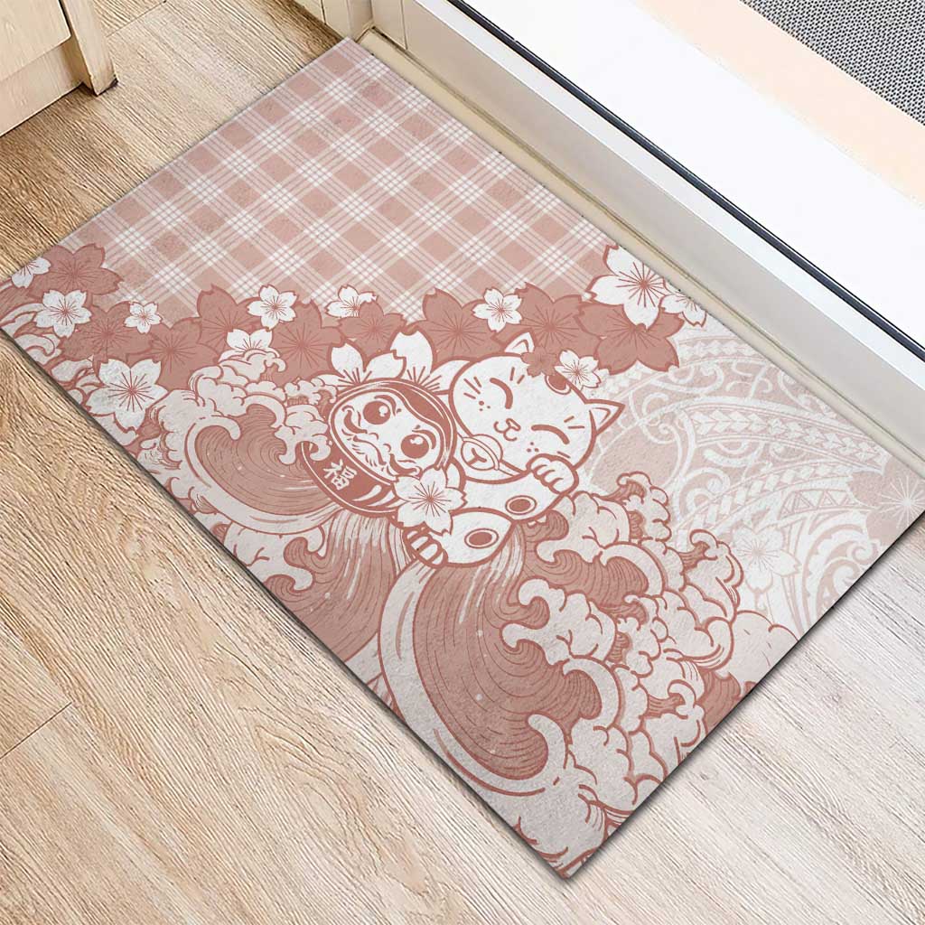Beige Palaka Hawaiian And Japanese Rubber Doormat Maneki Neko And Sakura Bloom