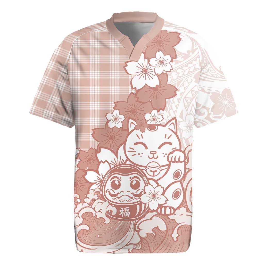 Beige Palaka Hawaiian And Japanese Rugby Jersey Maneki Neko And Sakura Bloom