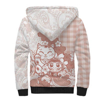 Beige Palaka Hawaiian And Japanese Sherpa Hoodie Maneki Neko And Sakura Bloom