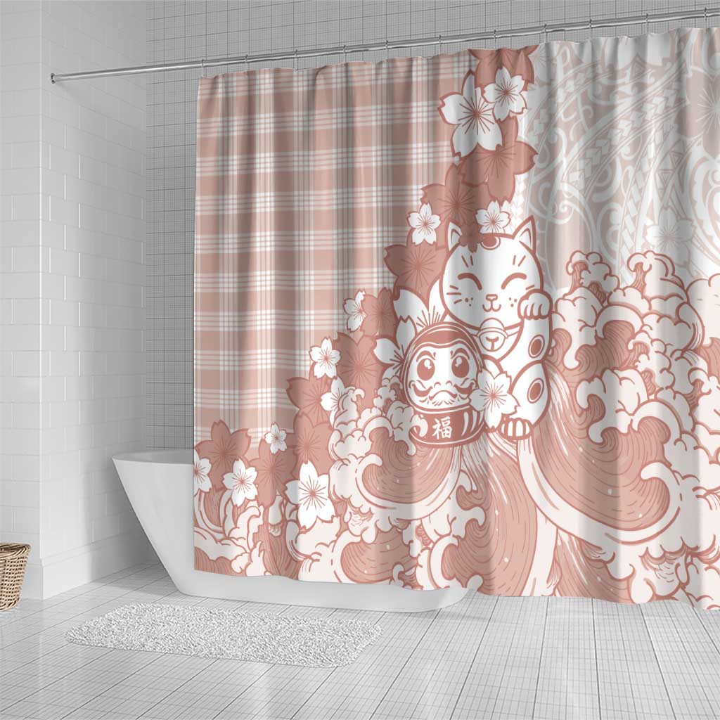 Beige Palaka Hawaiian And Japanese Shower Curtain Maneki Neko And Sakura Bloom