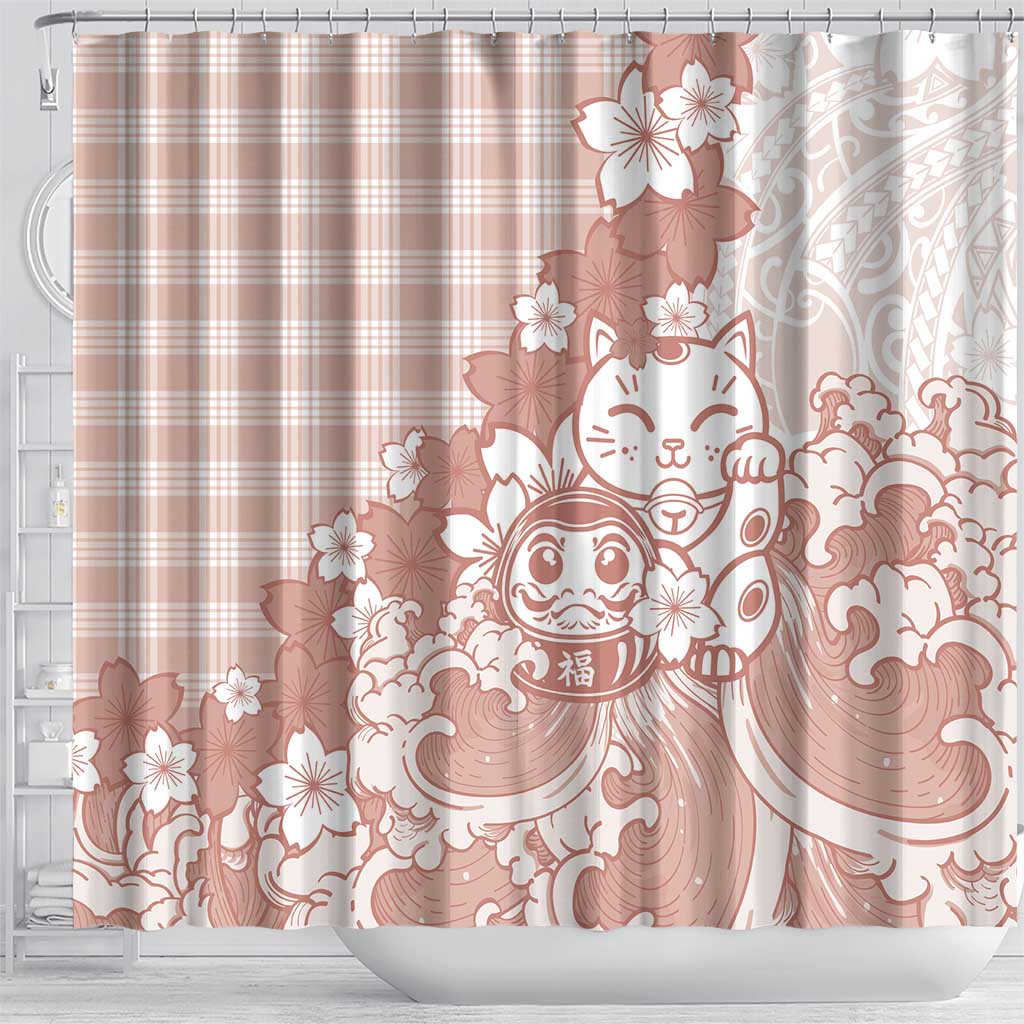 Beige Palaka Hawaiian And Japanese Shower Curtain Maneki Neko And Sakura Bloom