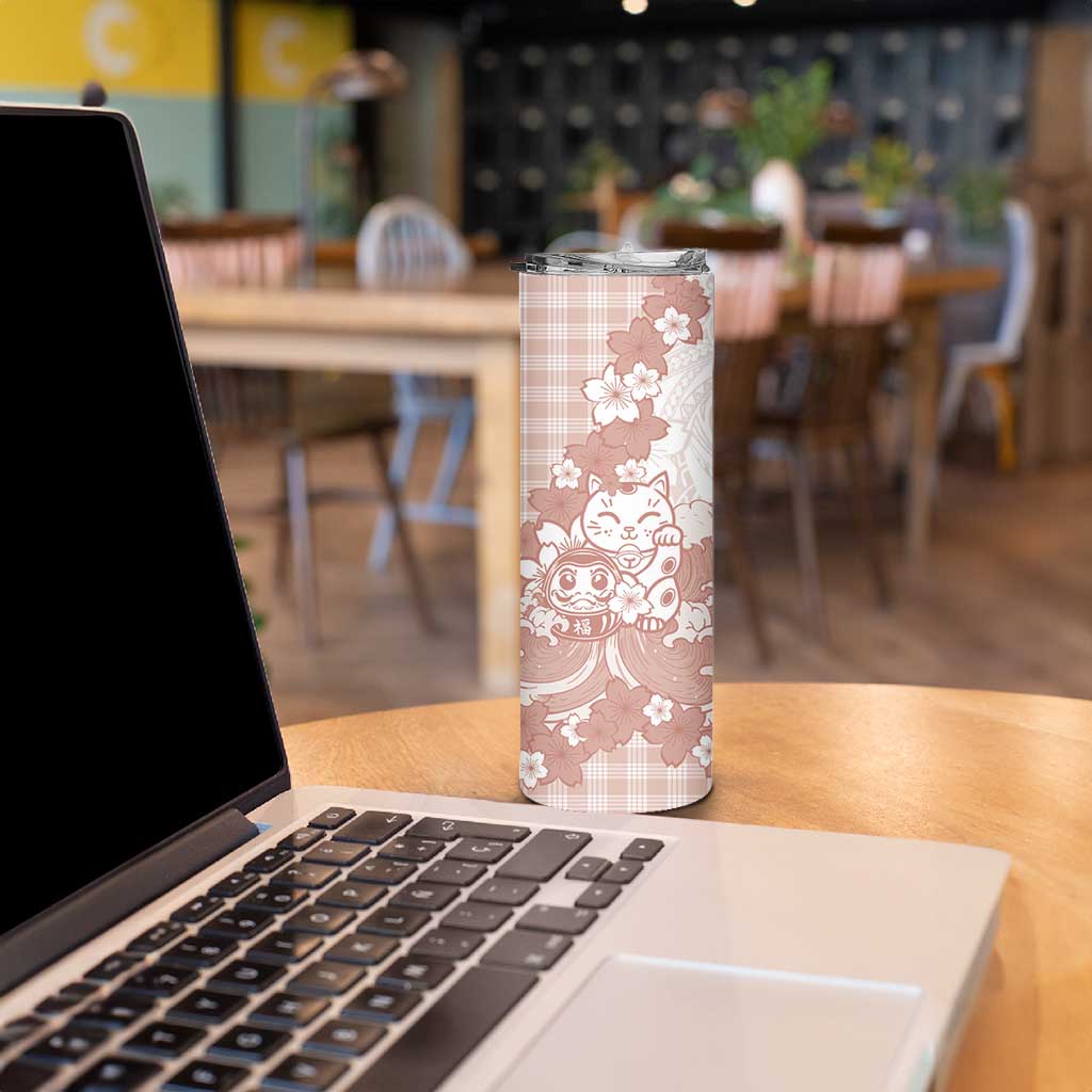 Beige Palaka Hawaiian And Japanese Skinny Tumbler Maneki Neko And Sakura Bloom