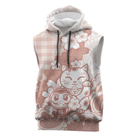 Beige Palaka Hawaiian And Japanese Sleeveless Hoodie Maneki Neko And Sakura Bloom