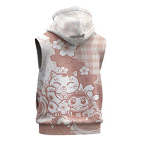 Beige Palaka Hawaiian And Japanese Sleeveless Hoodie Maneki Neko And Sakura Bloom