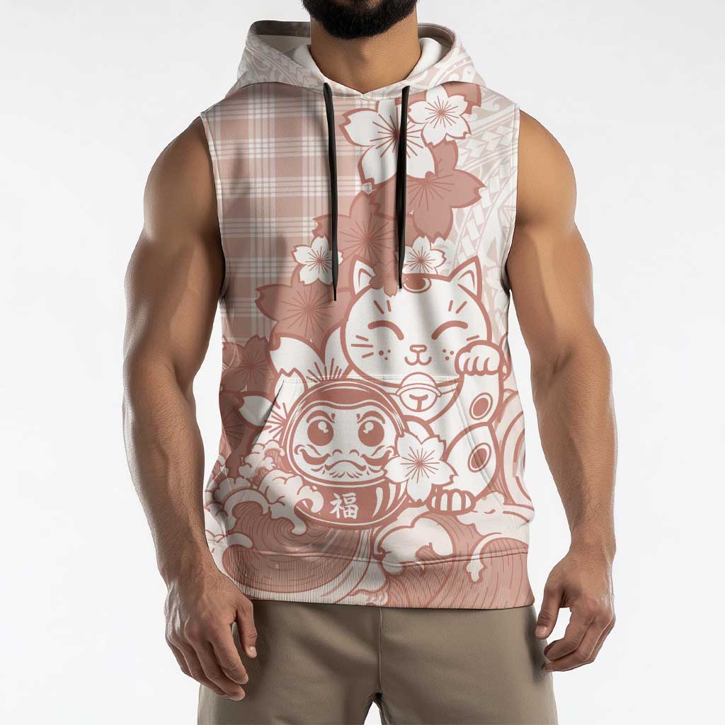 Beige Palaka Hawaiian And Japanese Sleeveless Hoodie Maneki Neko And Sakura Bloom