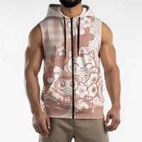 Beige Palaka Hawaiian And Japanese Sleeveless Zip Hoodie Maneki Neko And Sakura Bloom