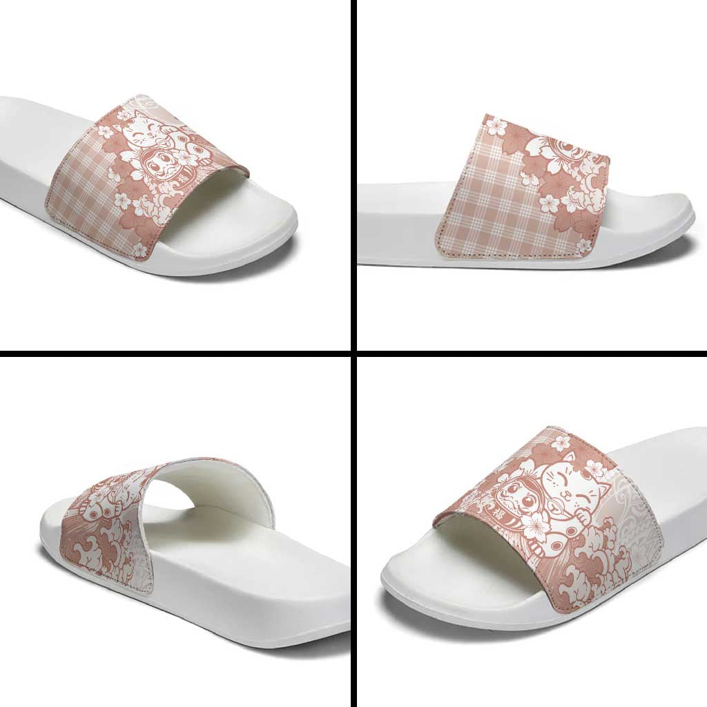 Beige Palaka Hawaiian And Japanese Slide Sandals Maneki Neko And Sakura Bloom