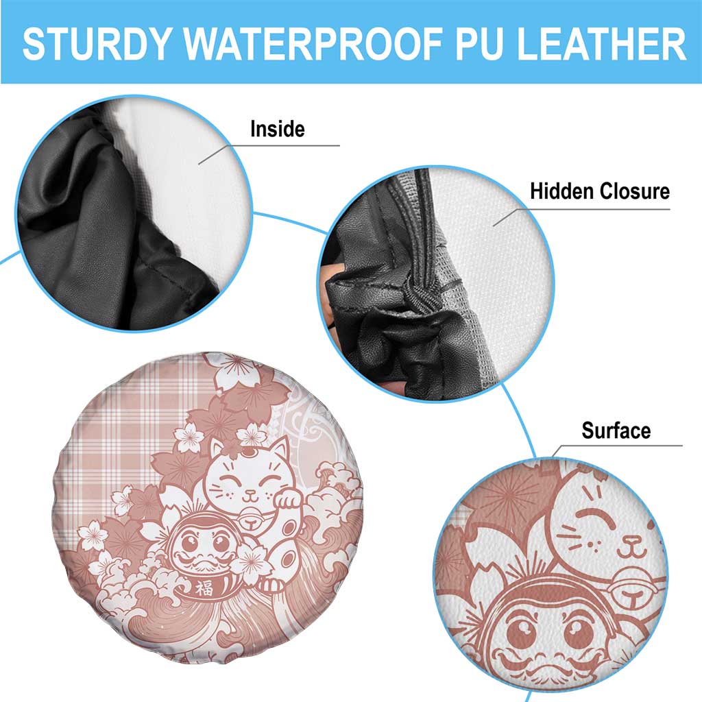Beige Palaka Hawaiian And Japanese Spare Tire Cover Maneki Neko And Sakura Bloom
