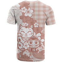 Beige Palaka Hawaiian And Japanese T Shirt Maneki Neko And Sakura Bloom