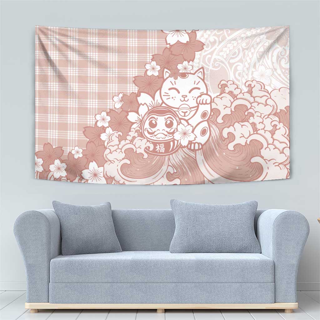 Beige Palaka Hawaiian And Japanese Tapestry Maneki Neko And Sakura Bloom