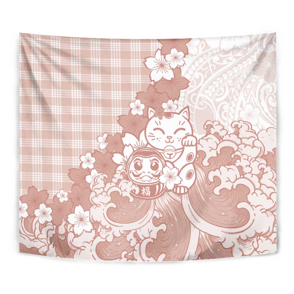 Beige Palaka Hawaiian And Japanese Tapestry Maneki Neko And Sakura Bloom