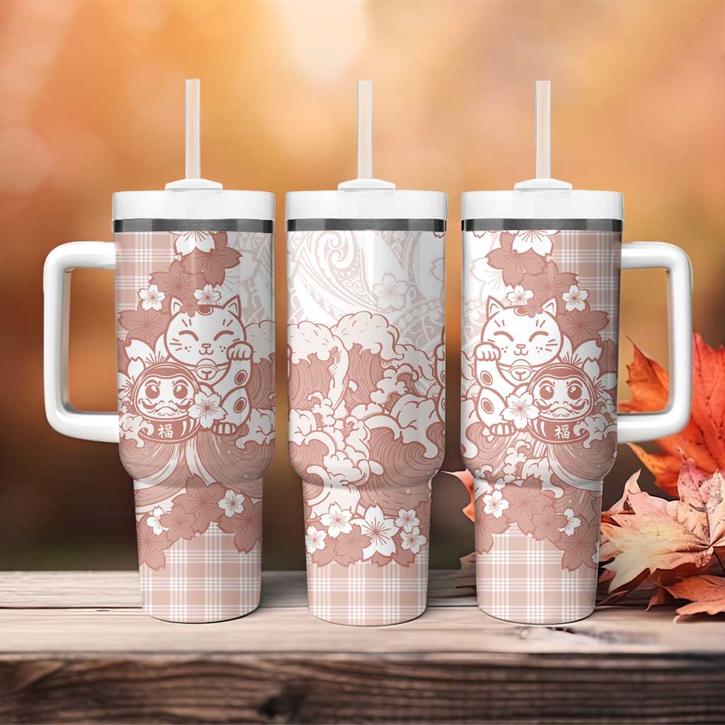 Beige Palaka Hawaiian And Japanese Tumbler With Handle Maneki Neko And Sakura Bloom