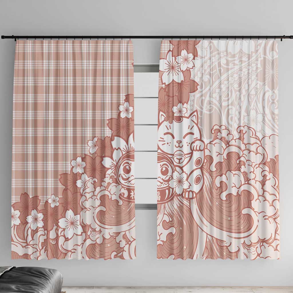 Beige Palaka Hawaiian And Japanese Window Curtain Maneki Neko And Sakura Bloom