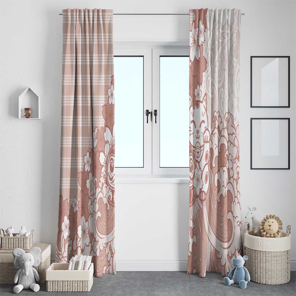Beige Palaka Hawaiian And Japanese Window Curtain Maneki Neko And Sakura Bloom