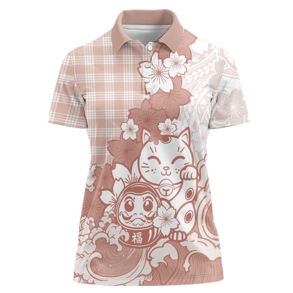 Beige Palaka Hawaiian And Japanese Women Polo Shirt Maneki Neko And Sakura Bloom
