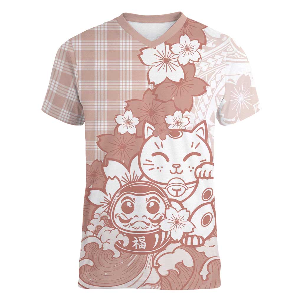 Beige Palaka Hawaiian And Japanese Women V-Neck T-Shirt Maneki Neko And Sakura Bloom