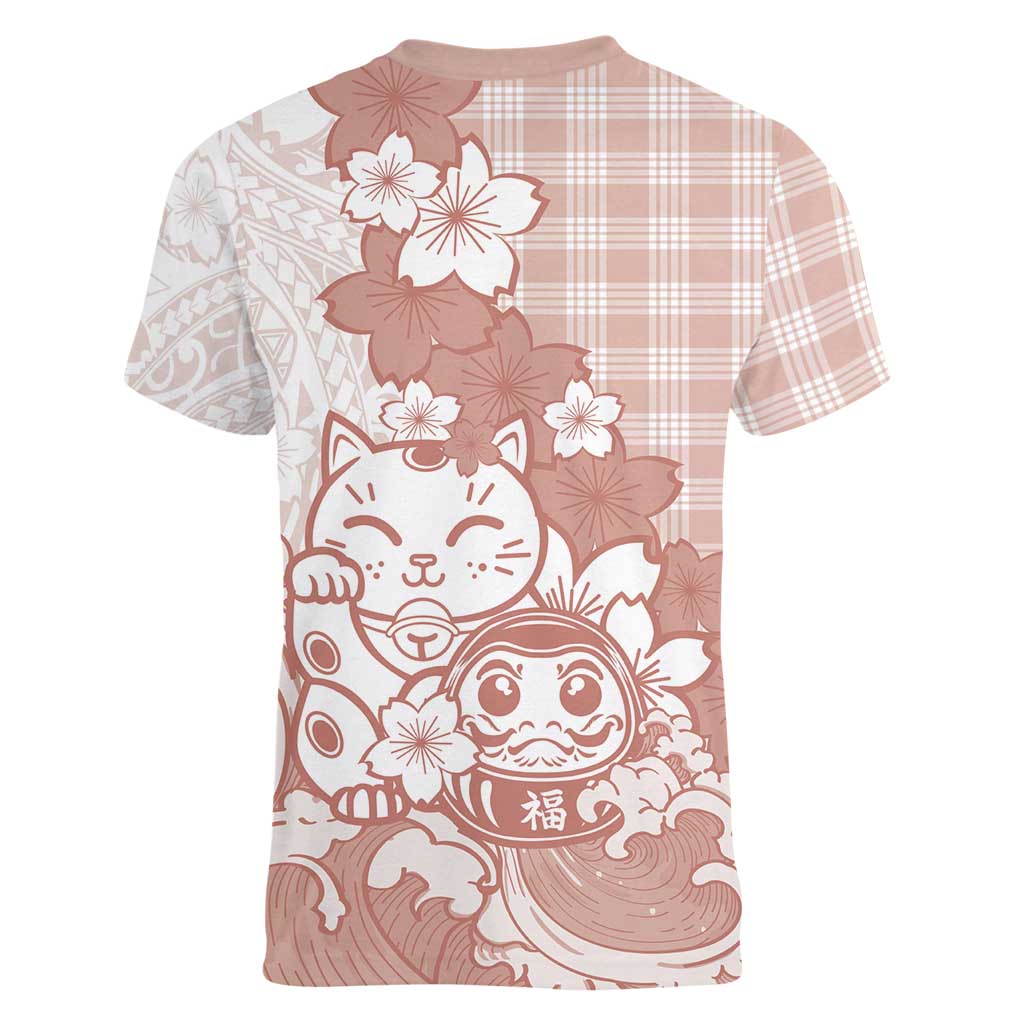 Beige Palaka Hawaiian And Japanese Women V-Neck T-Shirt Maneki Neko And Sakura Bloom
