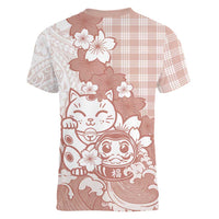 Beige Palaka Hawaiian And Japanese Women V-Neck T-Shirt Maneki Neko And Sakura Bloom