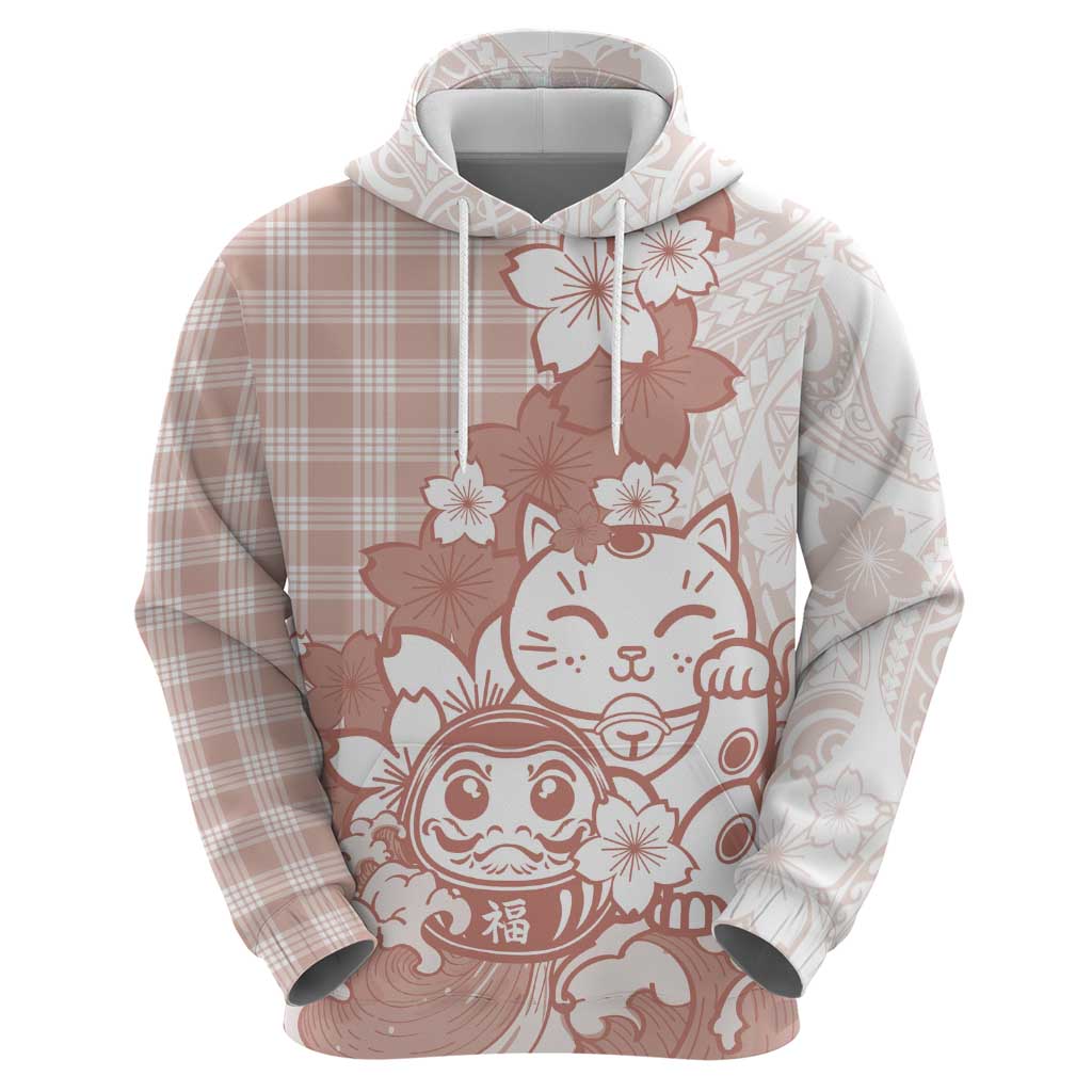 Beige Palaka Hawaiian And Japanese Zip Hoodie Maneki Neko And Sakura Bloom