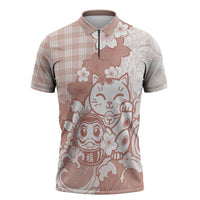 Beige Palaka Hawaiian And Japanese Zipper Polo Shirt Maneki Neko And Sakura Bloom