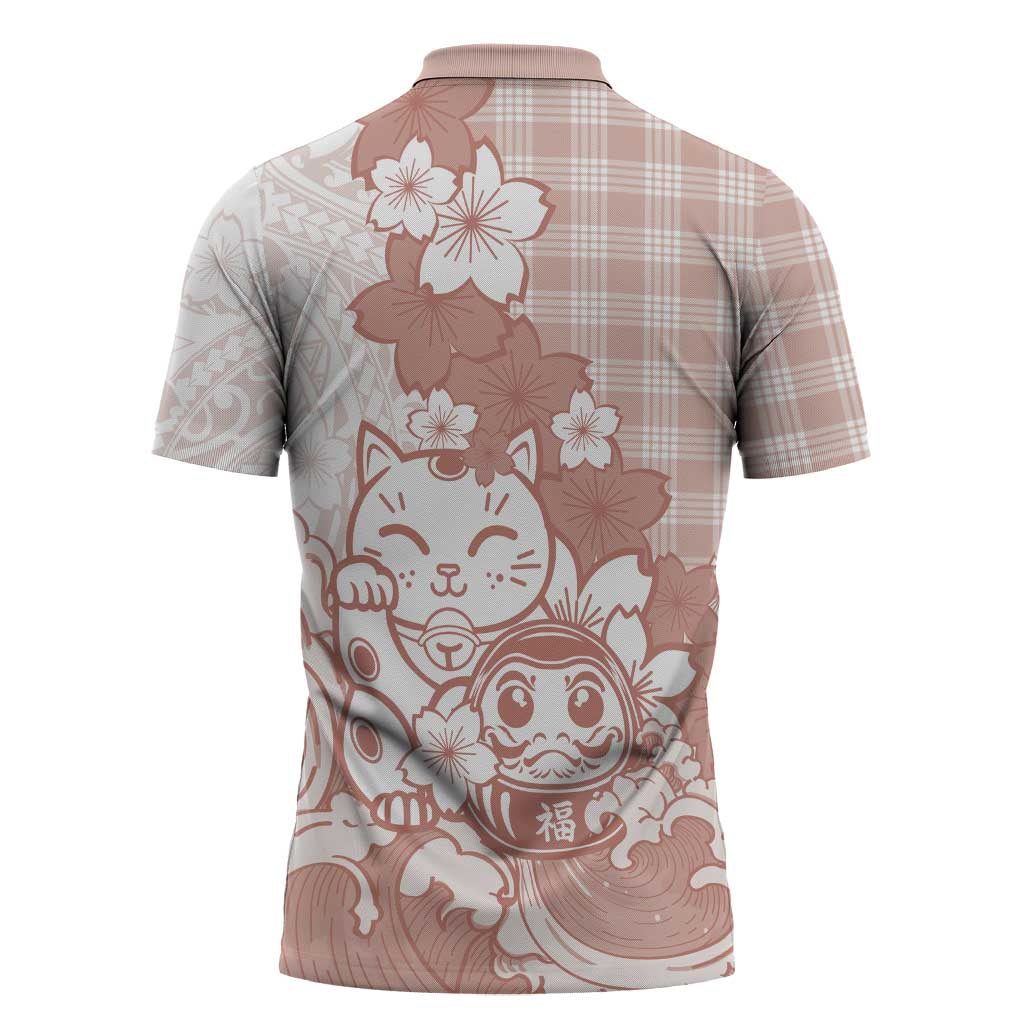 Beige Palaka Hawaiian And Japanese Zipper Polo Shirt Maneki Neko And Sakura Bloom