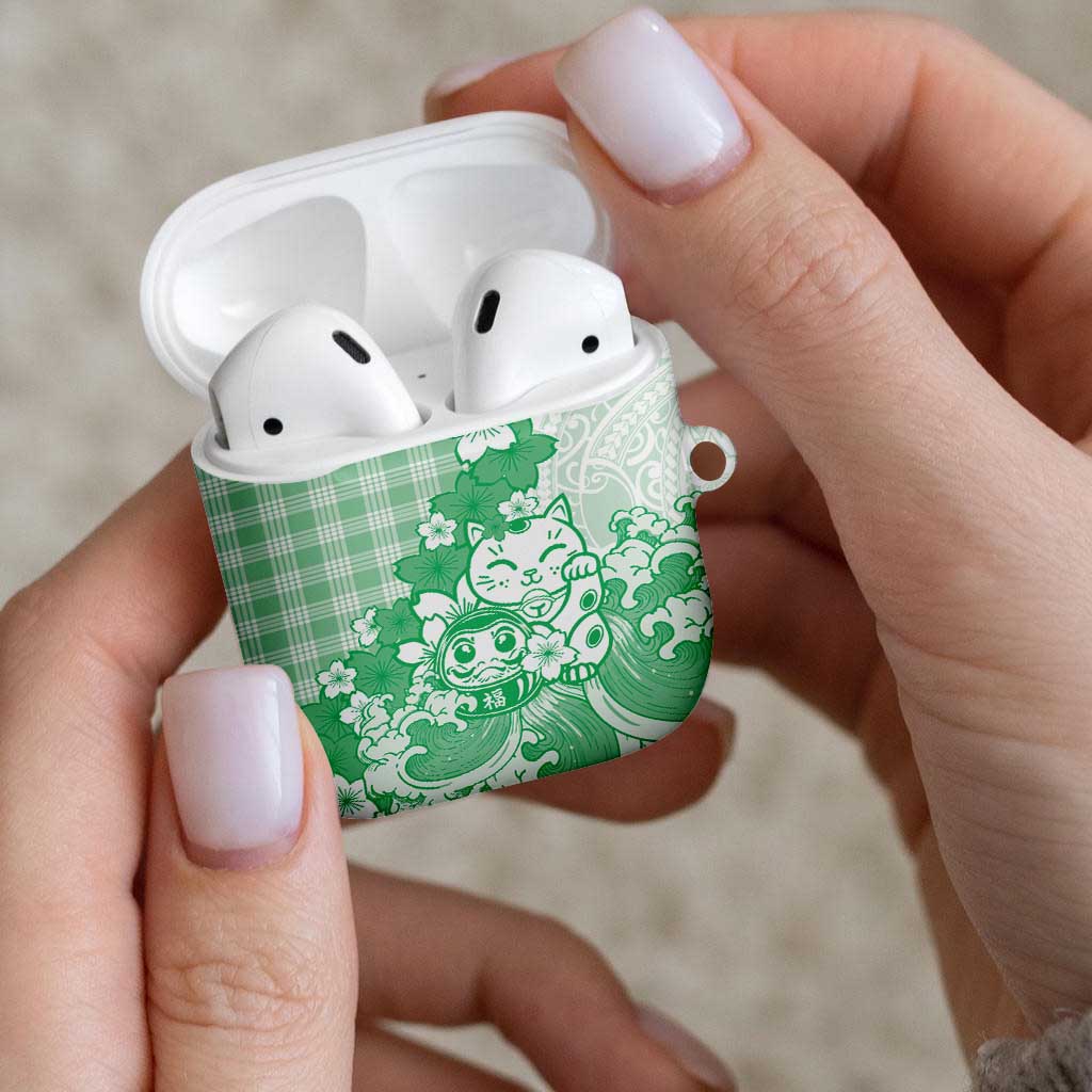 Green Palaka Hawaiian And Japanese AirPods Case Maneki Neko And Sakura Bloom