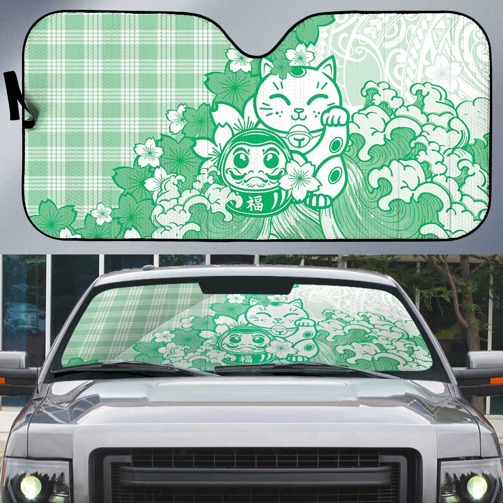 Green Palaka Hawaiian And Japanese Auto Sun Shade Maneki Neko And Sakura Bloom