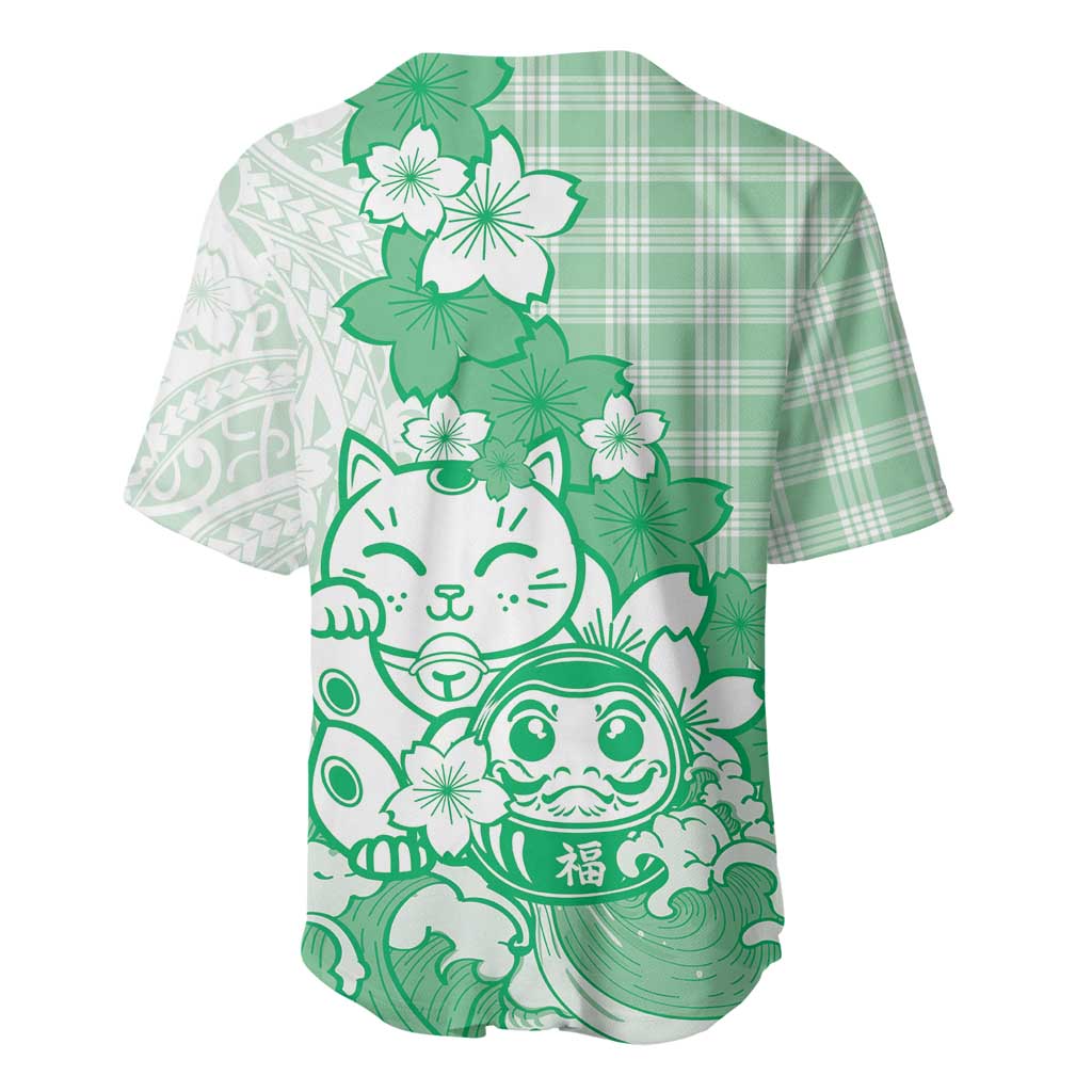 Green Palaka Hawaiian And Japanese Baseball Jersey Maneki Neko And Sakura Bloom