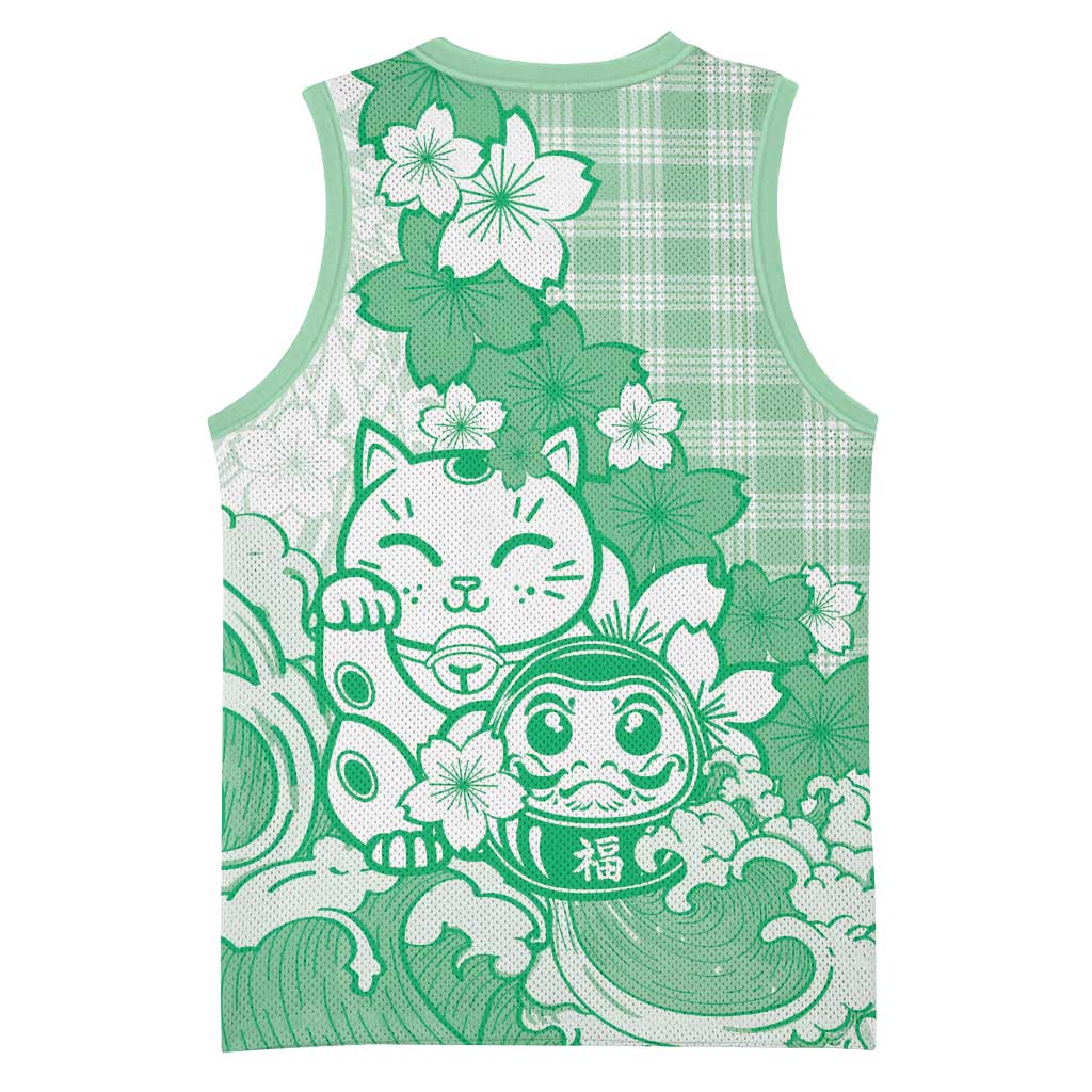 Green Palaka Hawaiian And Japanese Basketball Jersey Maneki Neko And Sakura Bloom