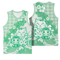 Green Palaka Hawaiian And Japanese Basketball Jersey Maneki Neko And Sakura Bloom