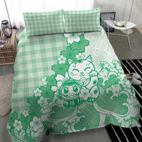 Green Palaka Hawaiian And Japanese Bedding Set Maneki Neko And Sakura Bloom