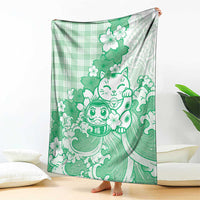 Green Palaka Hawaiian And Japanese Blanket Maneki Neko And Sakura Bloom