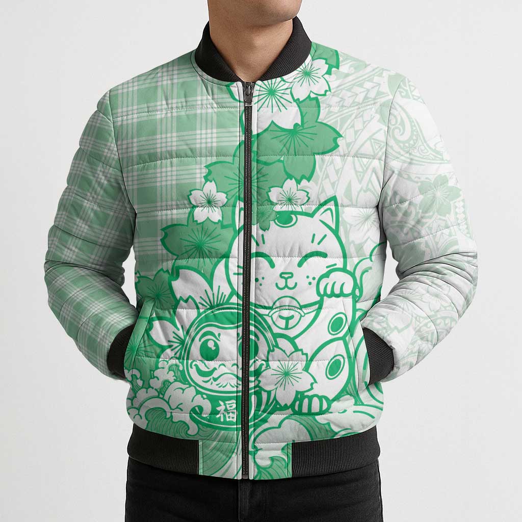 Green Palaka Hawaiian And Japanese Bomber Puffer Jacket Maneki Neko And Sakura Bloom