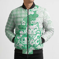 Green Palaka Hawaiian And Japanese Bomber Puffer Jacket Maneki Neko And Sakura Bloom