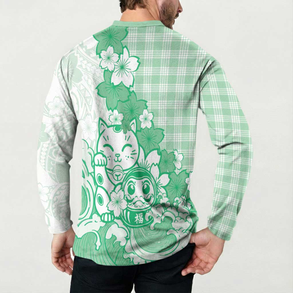 Green Palaka Hawaiian And Japanese Button Sweatshirt Maneki Neko And Sakura Bloom