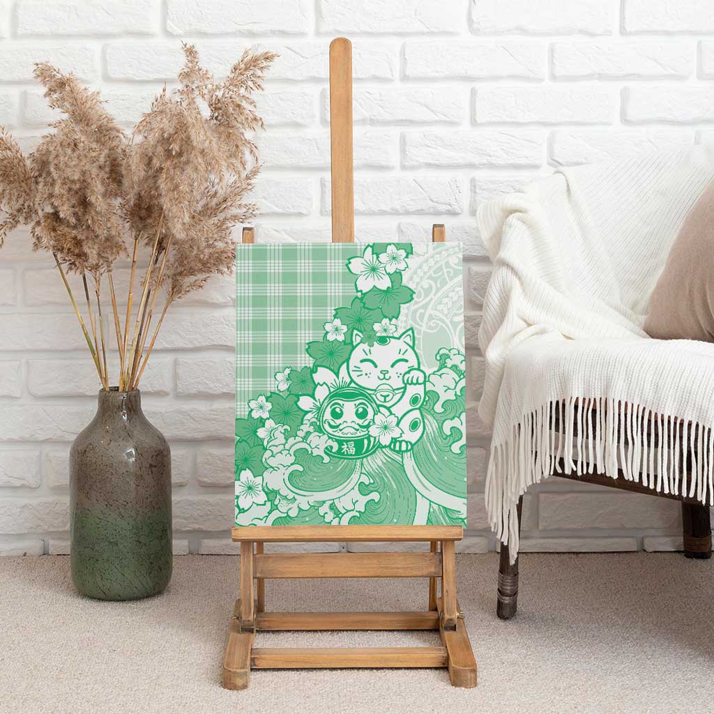 Green Palaka Hawaiian And Japanese Canvas Wall Art Maneki Neko And Sakura Bloom