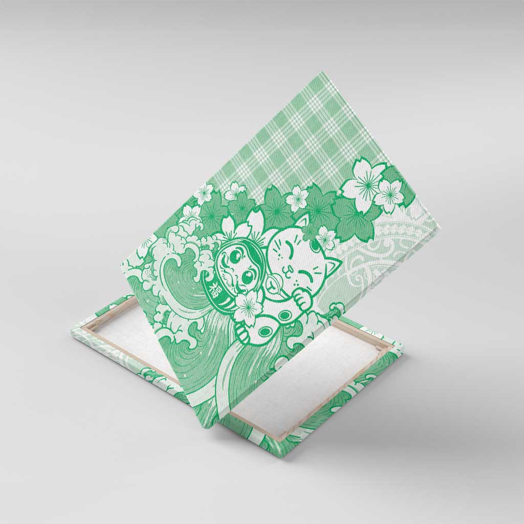 Green Palaka Hawaiian And Japanese Canvas Wall Art Maneki Neko And Sakura Bloom