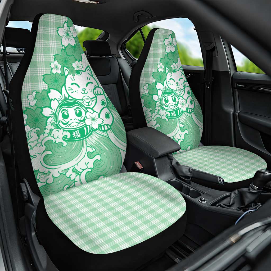 Green Palaka Hawaiian And Japanese Car Seat Cover Maneki Neko And Sakura Bloom