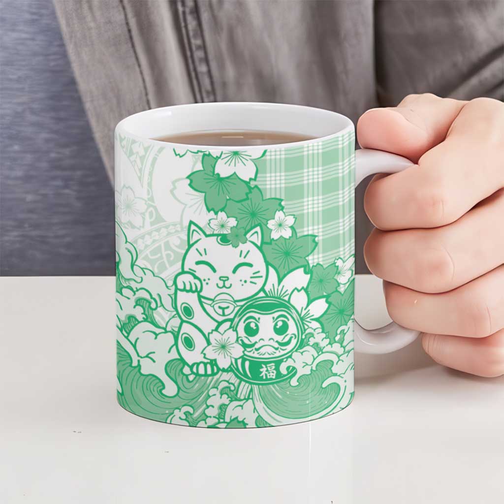 Green Palaka Hawaiian And Japanese Ceramic Mug Maneki Neko And Sakura Bloom