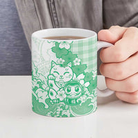 Green Palaka Hawaiian And Japanese Ceramic Mug Maneki Neko And Sakura Bloom