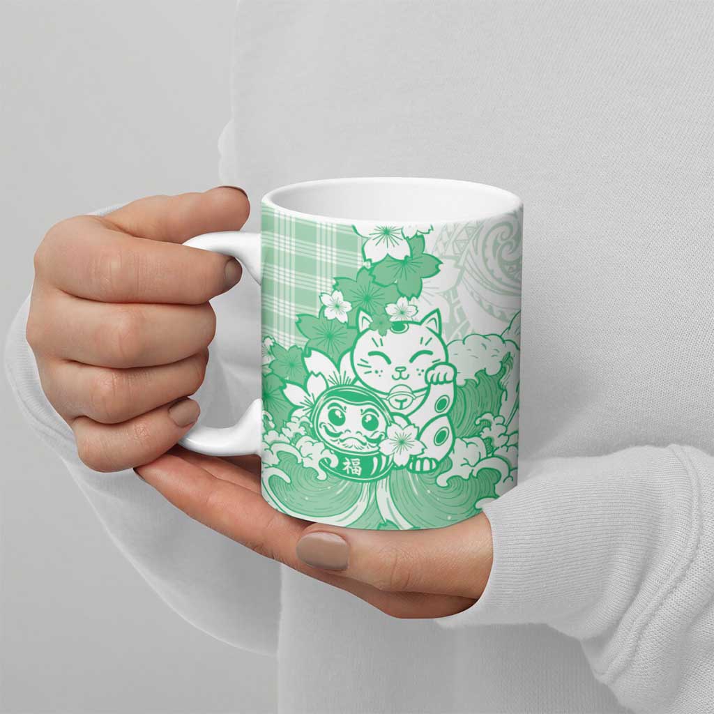 Green Palaka Hawaiian And Japanese Ceramic Mug Maneki Neko And Sakura Bloom
