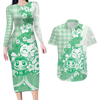 Green Palaka Hawaiian And Japanese Couples Matching Long Sleeve Bodycon Dress and Hawaiian Shirt Maneki Neko And Sakura Bloom DT05 Green - Polynesian Pride