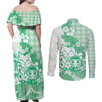 Green Palaka Hawaiian And Japanese Couples Matching Off Shoulder Maxi Dress and Long Sleeve Button Shirt Maneki Neko And Sakura Bloom