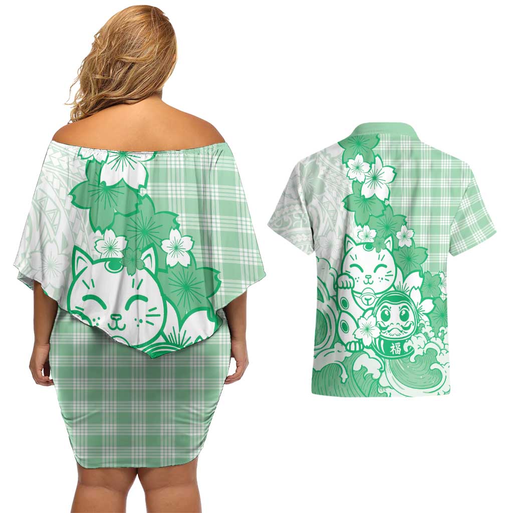 Green Palaka Hawaiian And Japanese Couples Matching Off Shoulder Short Dress and Hawaiian Shirt Maneki Neko And Sakura Bloom