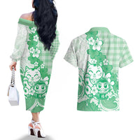Green Palaka Hawaiian And Japanese Couples Matching Off The Shoulder Long Sleeve Dress and Hawaiian Shirt Maneki Neko And Sakura Bloom DT05 - Polynesian Pride