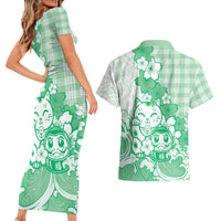 Green Palaka Hawaiian And Japanese Couples Matching Short Sleeve Bodycon Dress and Hawaiian Shirt Maneki Neko And Sakura Bloom DT05 - Polynesian Pride