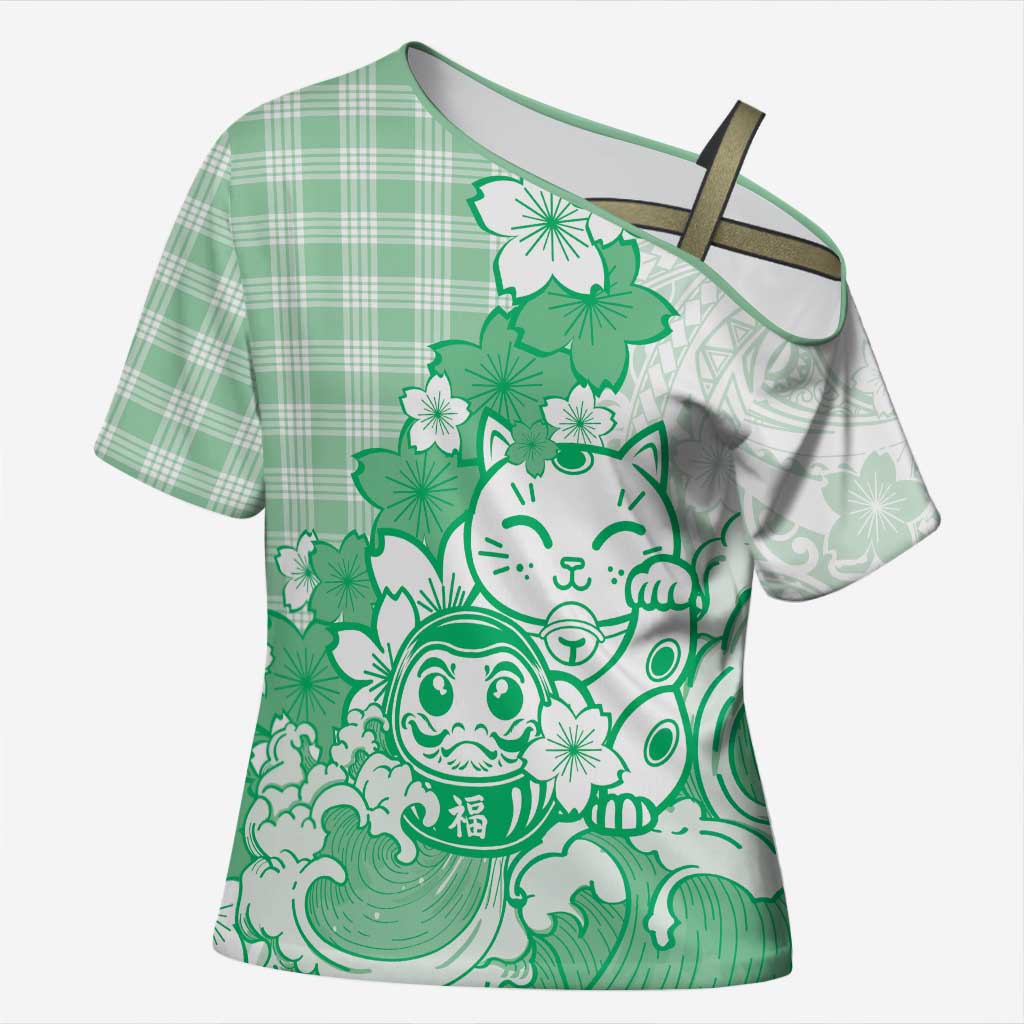 Green Palaka Hawaiian And Japanese Cross Shoulder Shirt Maneki Neko And Sakura Bloom